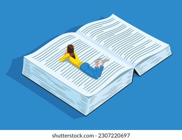 
Flat illustration of an open book, on an isolated blue background, in which there is a tiny woman lying down and reading it.