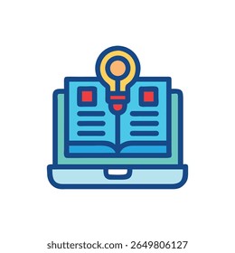 Flat illustration of an open book on a laptop screen with a lightbulb, representing online learning and ideas.
