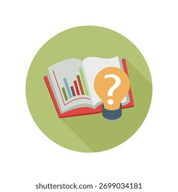 Flache Illustration eines offenen Buches mit einer Fragezeichen-Glühbirne, die Forschung, Wissen, Lernen und Problemlösungskonzepte symbolisiert.