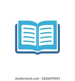 Flat illustration of an open book, with simplified stylized design, blue cover and white pages with blue lines.