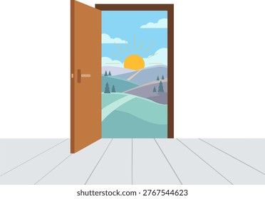 Flat illustration of an open door revealing a sunrise landscape with warm sunlight and simple hills.