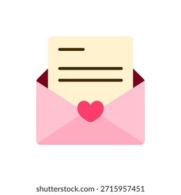 Ilustração plana de um envelope aberto com símbolo de coração revelando uma letra dentro. Perfeito para saudações dos namorados, mensagens românticas, notas de amor e visuais de comunicação afetuosa.