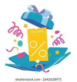 Flat illustration of an open gift box with yellow discount coupon and percent sign inside, surrounded by bright ribbons, confetti, and decorations. Great for promotions, offers, and holiday sales.