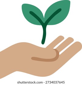 Ilustración plana de una mano abierta sosteniendo un Pequeño brote verde con dos hojas