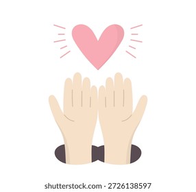 Ilustración plana de manos abiertas apoyando un corazón rosa que simboliza el amor, el cuidado, la ayuda y la caridad