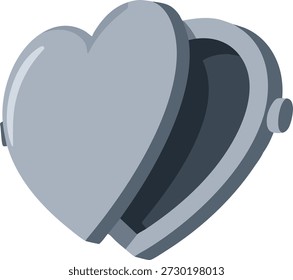 Flat illustration of an open heart shaped locket with a metallic gray finish and hinge detail