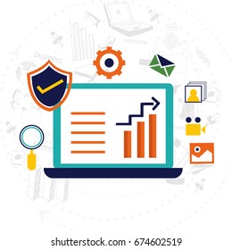 Ilustración plana de portátil abierto con símbolos web para el concepto de negocio.