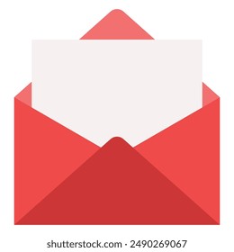 Flat illustration of open red envelope with a sheet of paper inside isolated on white background.