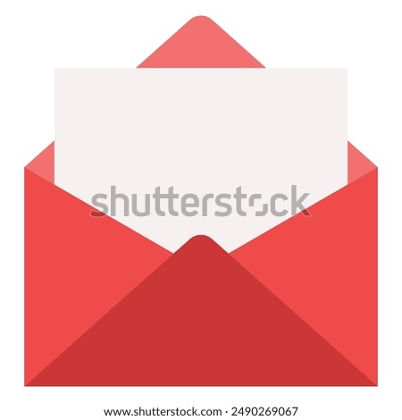 Flat illustration of open red envelope with a sheet of paper inside isolated on white background.