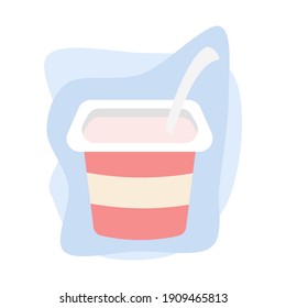 Flat illustration of opened yogurt pack with spoon in it. Vector