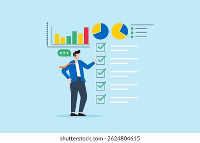 Ilustração plana da lista de verificação de comunicação do operador e tarefas usando o painel de controle e gráficos de desempenho no relatório de dados corporativos