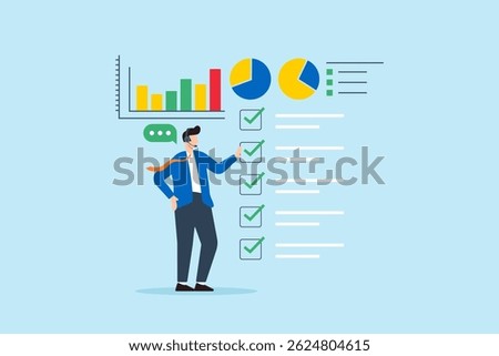Flat illustration of operator communicating checklist and tasks using dashboard and performance charts in business data report