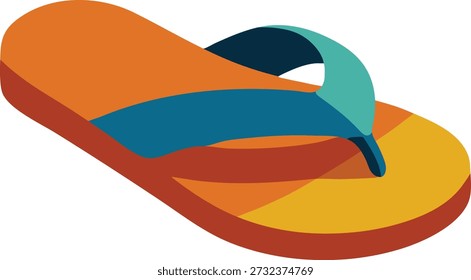 Flat illustration of an orange flip flop sandal with a teal strap viewed at an angle