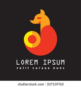Flat illustration of orange fox. Label with simple geometric  shapes.  Moden icon. Mascot