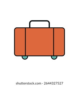 Flat Illustration of an Orange Rectangular Suitcase with Rounded Corners, Thick Black Outline, Central Vertical Lines, Two Teal Wheels, and a Simple U-Shaped Black Handle on Top