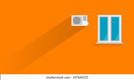 Flat illustration of orange wall. Vector illustration of orange wall with white window and the air conditioner. 