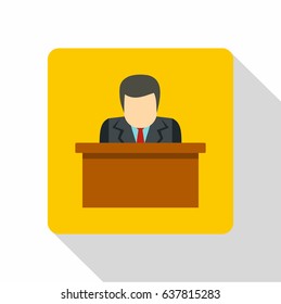 Flat illustration of orator speaking from tribune vector icon for web