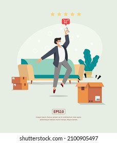 Online-Bestellung von Flachillustrationen mit Zeichen, Kastengrafik, Pflanzen und Sofa