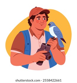 A flat illustration of an ornithologist 
