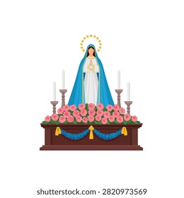 Flat Illustration of Our Lady of Fatima Statue on a Decorated Religious Float for Catholic Procession