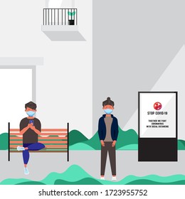 Flat illustration outdoor for stop corona virus with social distancing vector design