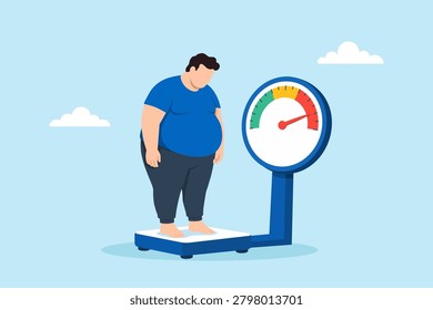 Flat illustration of overweight man standing on weight scale symbolizing obesity weight gain health risk and unhealthy lifestyle