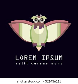 Flat illustration with owl. Background. Halloween character. Hipster bird. Forest dwellers. Symbol of wisdom, knowledge. Logo or icon bird. Nursery for birds, poultry house