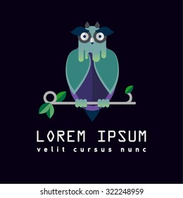 Flat illustration with owl. Background. Halloween character. Hipster bird. Forest dwellers. Symbol of wisdom, knowledge. Logo or icon bird. Nursery for birds, poultry house