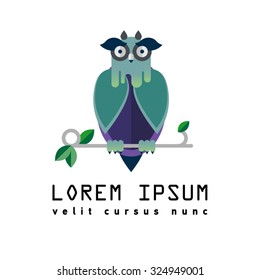 Flat illustration with owl. Background. Halloween character. Hipster bird. Forest dwellers. Symbol of wisdom, knowledge. Logo or icon bird. Nursery for birds, poultry house