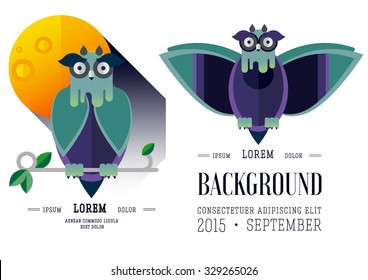 Flat illustration with owl. Background. Halloween character. Hipster bird. Forest dwellers. Symbol of wisdom, knowledge. Logo or icon bird. Nursery for birds, poultry house