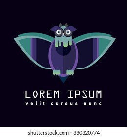 Flat illustration with owl. Background. Halloween character. Hipster bird. Forest dwellers. Symbol of wisdom, knowledge. Logo or icon bird. Nursery for birds, poultry house