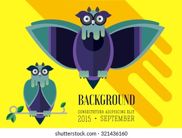 Flat illustration with owl, moon, sky. Background. Mystery night. Halloween character. Hipster bird. Forest dwellers. Symbol of owl.
