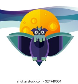 Flat illustration with owl, moon, sky. Background. Mystery night. Halloween character. Hipster bird. Forest dwellers. Symbol of owl.