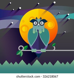 Flat illustration with owl, moon, sky. Background. Mystery night. Halloween character. Hipster bird. Forest dwellers. Symbol of owl.