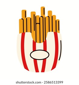 Flat illustration of a pack of crispy French fries served in a striped fast-food style container. Minimal and modern food vector design.