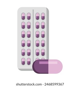 A flat illustration with a package of tablets. Blister with pills and capsules. 