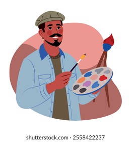 A flat illustration of a painter holding a colour palette 

