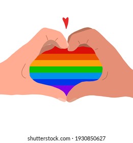 Ilustración plana de un par de manos humanas haciendo gesto con el corazón arco iris. El amor de la tarjeta de felicitación de la pareja del mismo sexo por el día de San Valentín. Orgullo y libertad en sentimientos. Parejas LGBT. Imagen vectorial para tarjetas, banderas