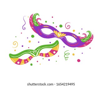 Flat illustration of pair masquerade mask with confetti and ribbons. Mardi Gras celebration. Fat Tuesday. Decoration for carnival. Vector image for your creativity.