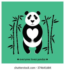 Flat illustration with panda surrounded by bamboo. Perfect for posters, invitations, post cards. Made in vector, easy recolor.