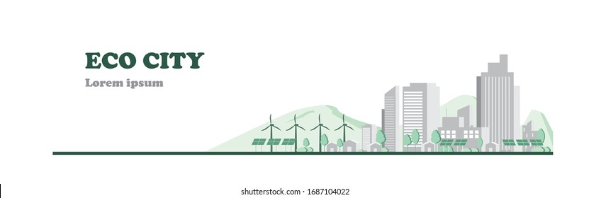 ilustración plana de la construcción ecológica panorámica de la ciudad vectorial, diseño ecológico del entorno para el suelo de fondo
