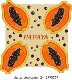 Flat illustration of papaya vector icon. Summer fruits for a healthy lifestyle. Papaya, whole fruit. Ripe papaya with seeds. Print, banner, label, poster, sticker, logo. Vector illustration.