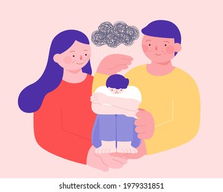 Flat illustration of parents supporting their frustrated and stressed teenage son. Concept of mature parents and teen depression and anxiety.