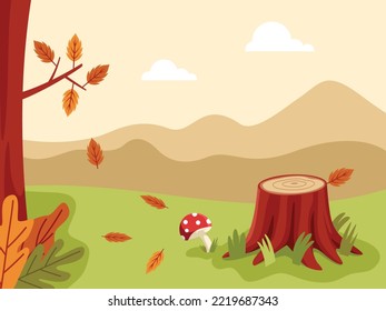 Flat illustration of a park with a tree stump and mushroom for an autumn celebration.