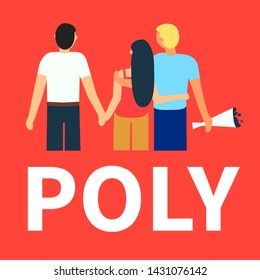 Flat Illustration Of Partners Polyamorous Love. Open Romantic And Sexual Relationships. Relationship Loving People. Polyamory Colorful Background. Live Coral, Trend Color