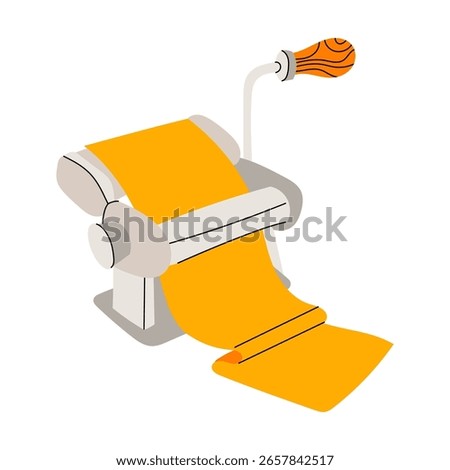 Flat illustration of a pasta maker machine used for rolling and cutting fresh dough. Ideal for Italian cuisine, cooking tools, or homemade pasta themes