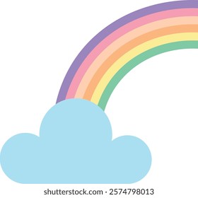 Flat illustration of a pastel-colored rainbow with a fluffy cloud. Children's design, whimsy.