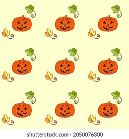 Flat illustration of pattern of pumpkins for halloween. Pumpkins with a smiling faces and many leaves around on light yellow background. Idea for wallpaper, wrapping paper, background, web design.