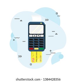 Flat illustration of the payment terminal and credit card. Modern technology. POS terminal. Flat vector illustration