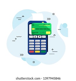 Flat illustration of the payment terminal and credit card. POS terminal. Wireless, contactless. Flat vector illustration